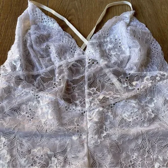 Sexy Lingerie Jumpsuit with Criss Cross Straps Semi Sheer White Lace Seduce, M - Picture 9 of 13